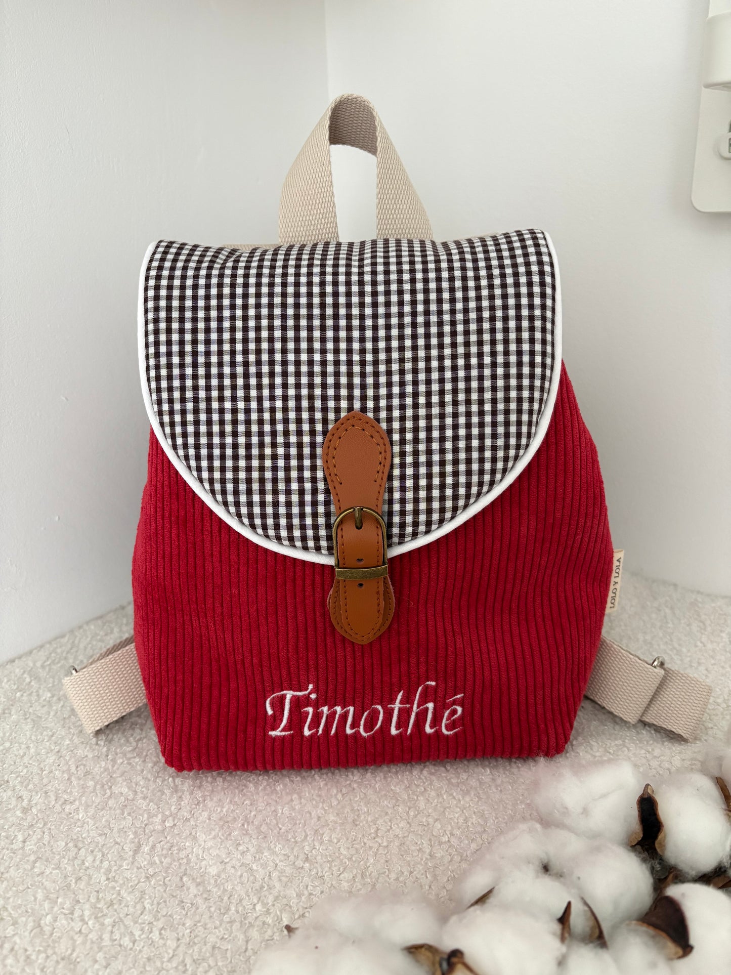 Sac maternelle personnalisé velours côtelé rouge vert bleu rose  rabat vichy 