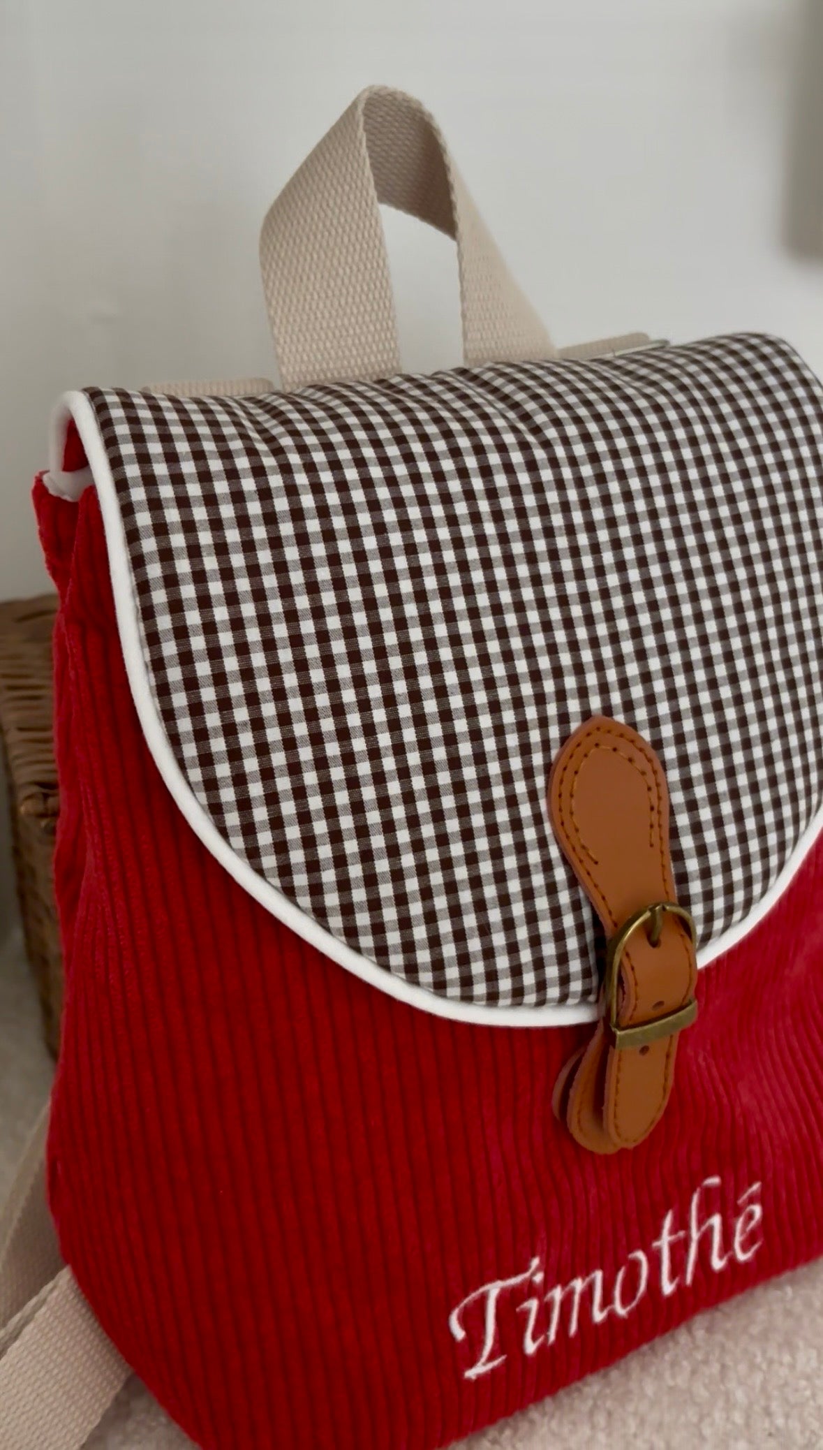 Sac maternelle personnalisé velours côtelé vert rouge bleu rose rabat vichy 
