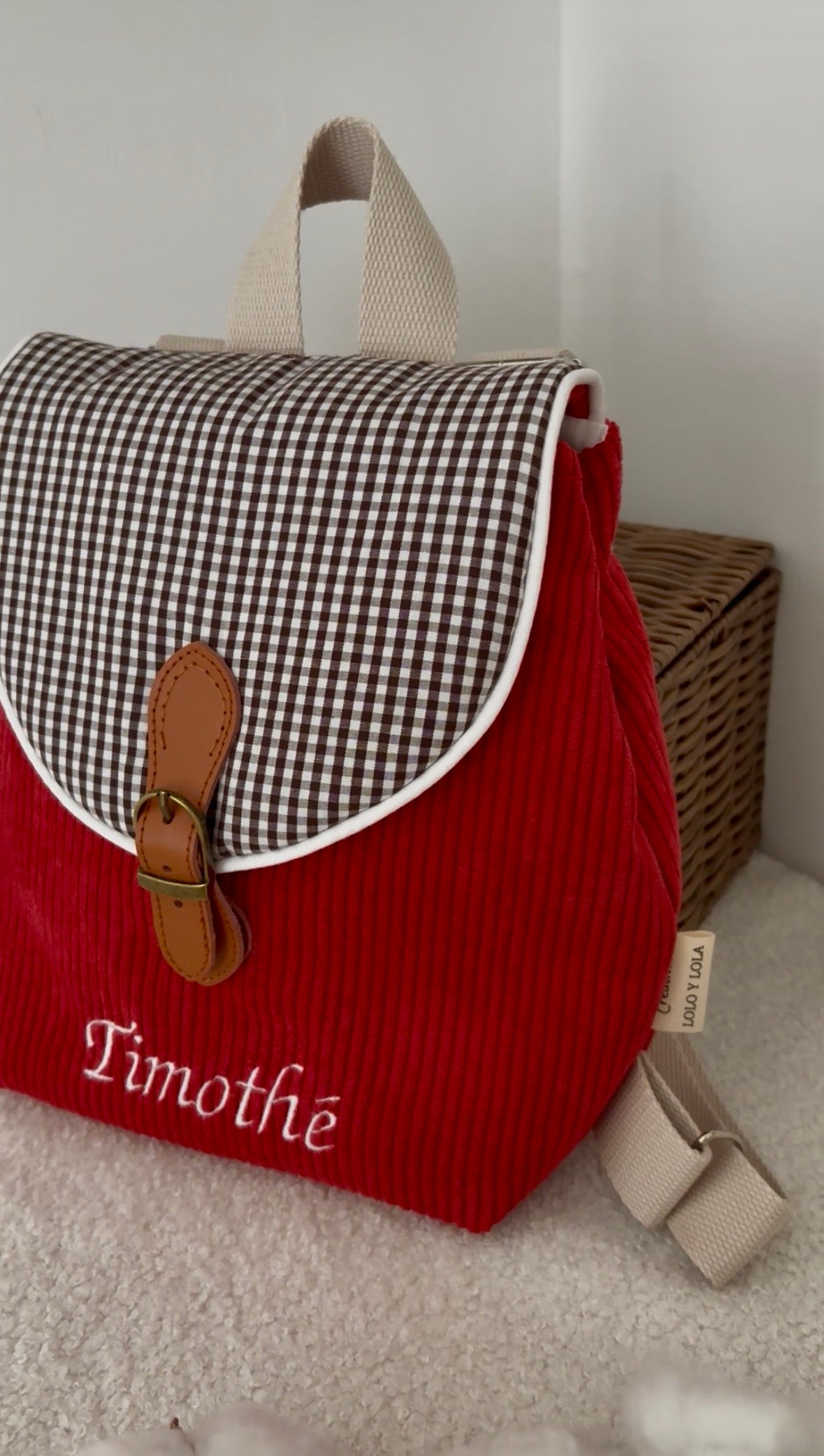 Sac maternelle personnalisé velours côtelé vert rouge bleu rose rabat vichy