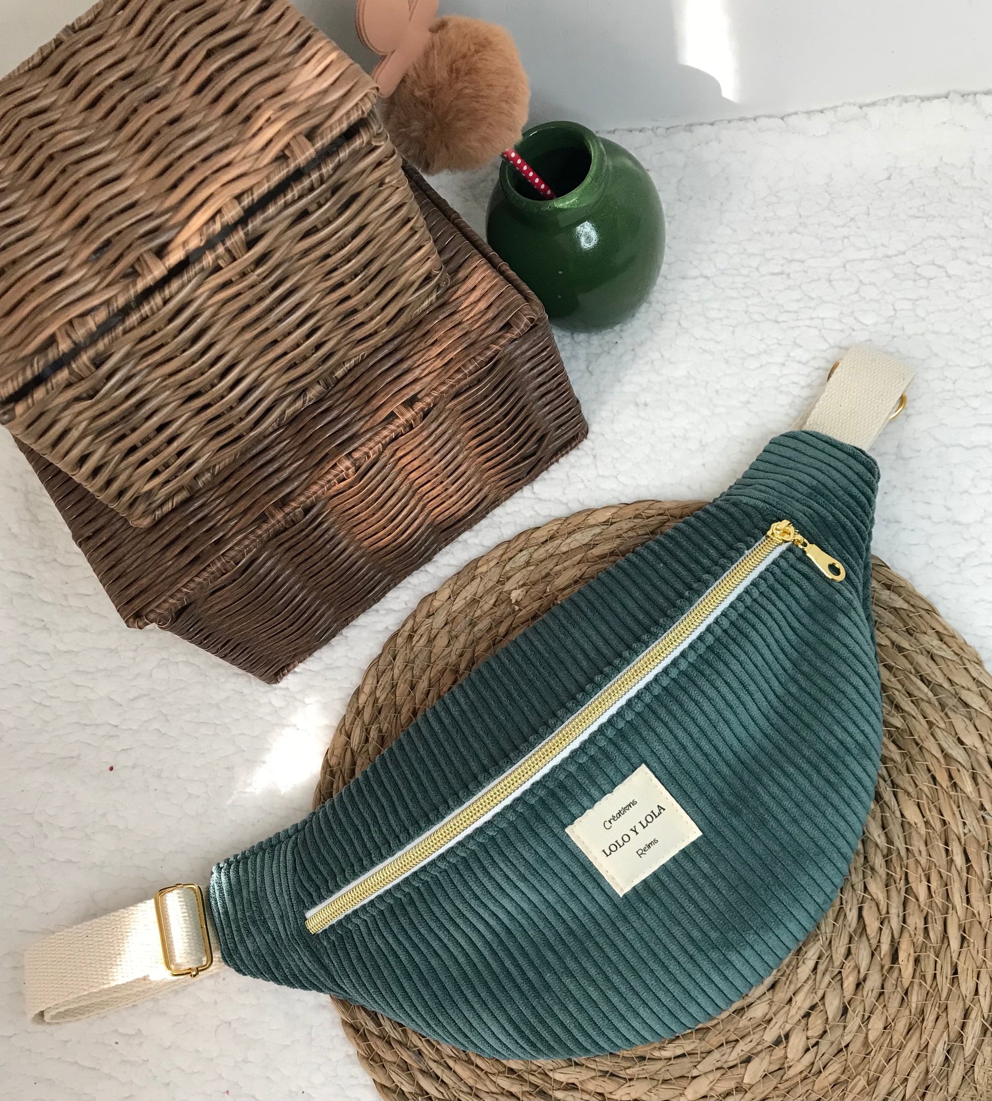 Sac banane velours côtelé personnalisé vert sapin 