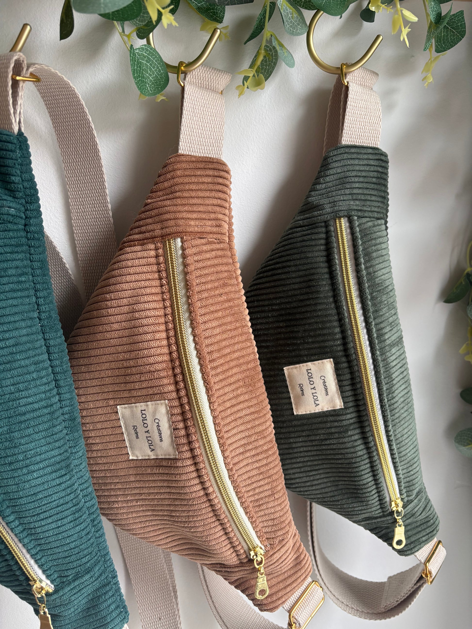Sac banane velours côtelé personnalisé vert forest vert olive marron cappuccino 