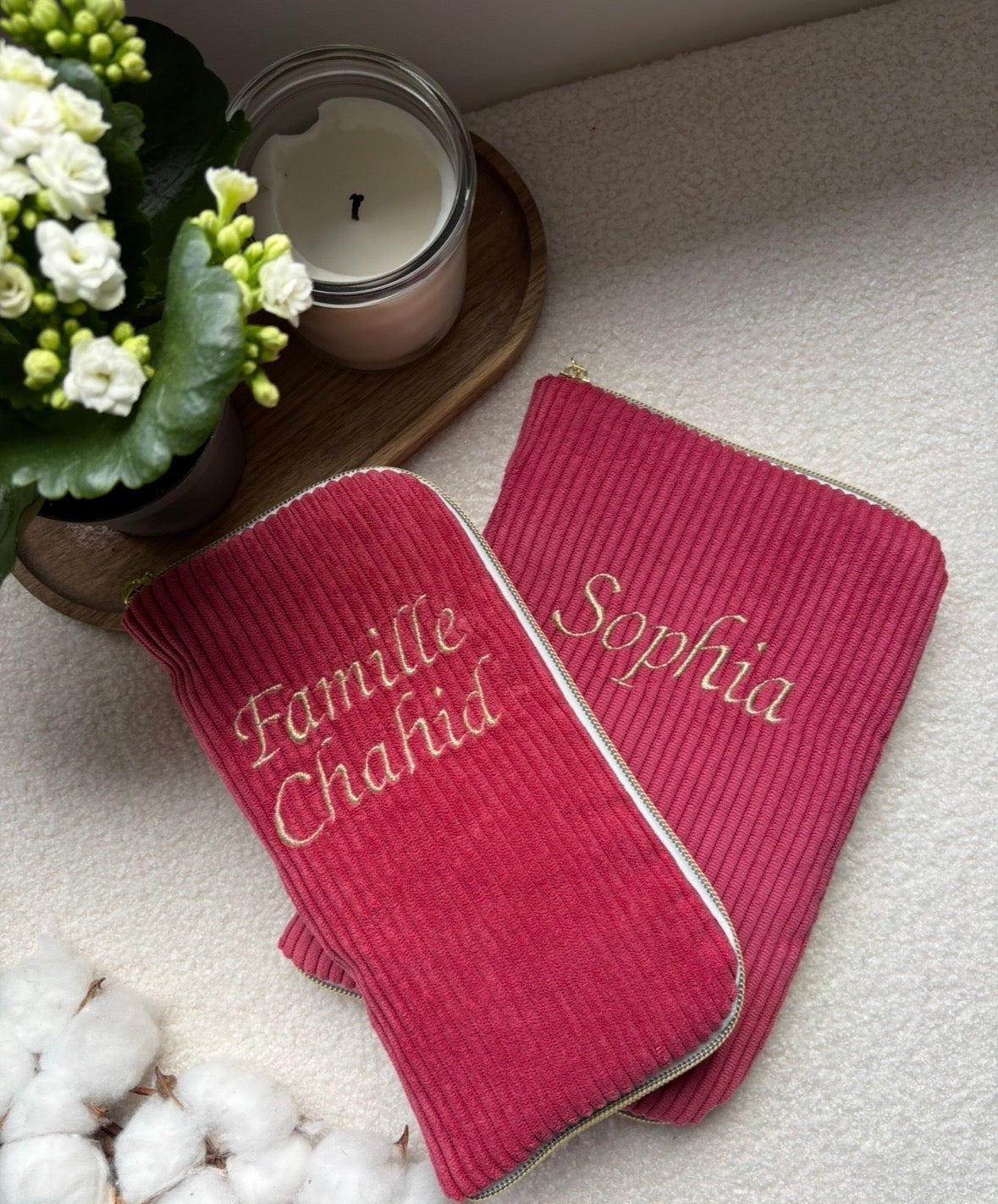 Protège livret de famille personnalisé velours côtelé framboise 