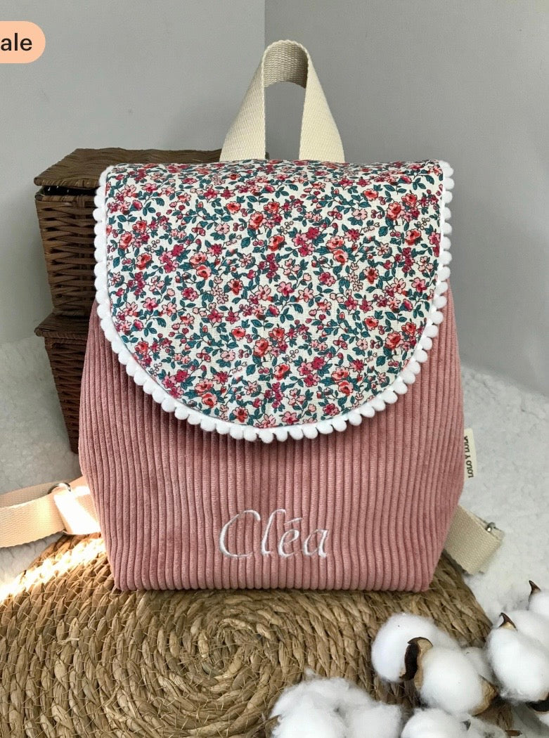 Sac maternelle personnalisé broderie prénom velours côtelé vieux rose fleurs roses 