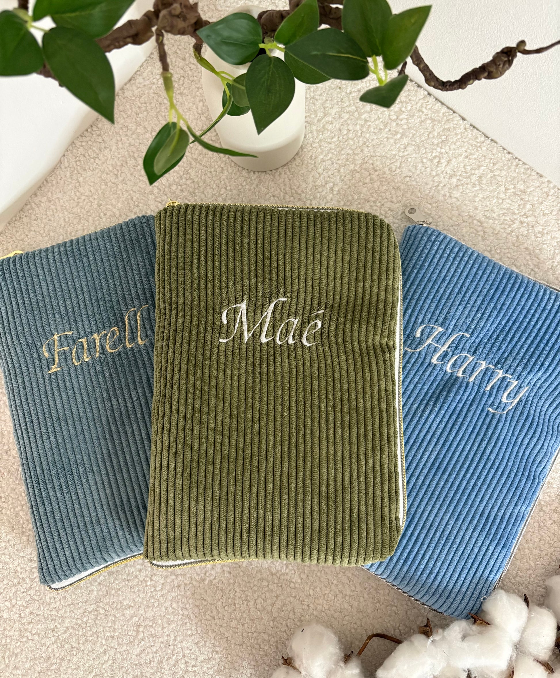 Protège carnet de santé velours côtelé broderie prénom 
