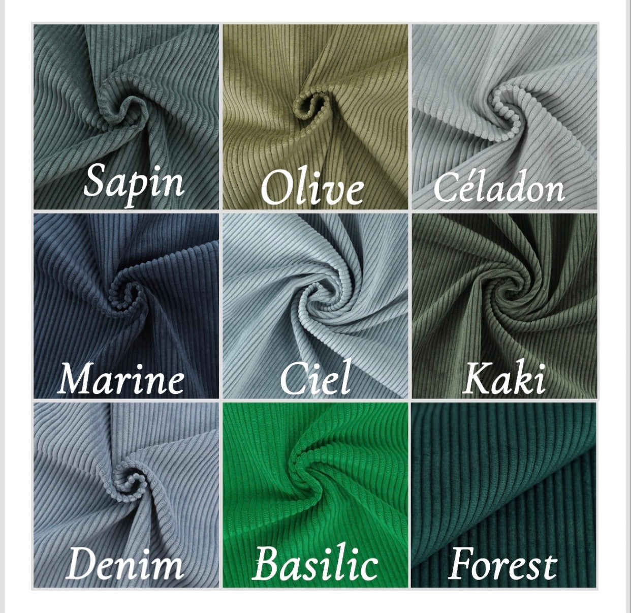 Tissus velours côtelé vert marine bleu 
Tissuthèque étuis lunettes broderie prénom 