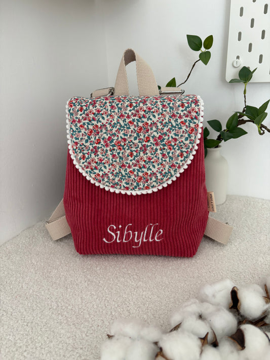 Sac maternelle personnalisé broderie prénom velours côtelé framboise fleurs roses 