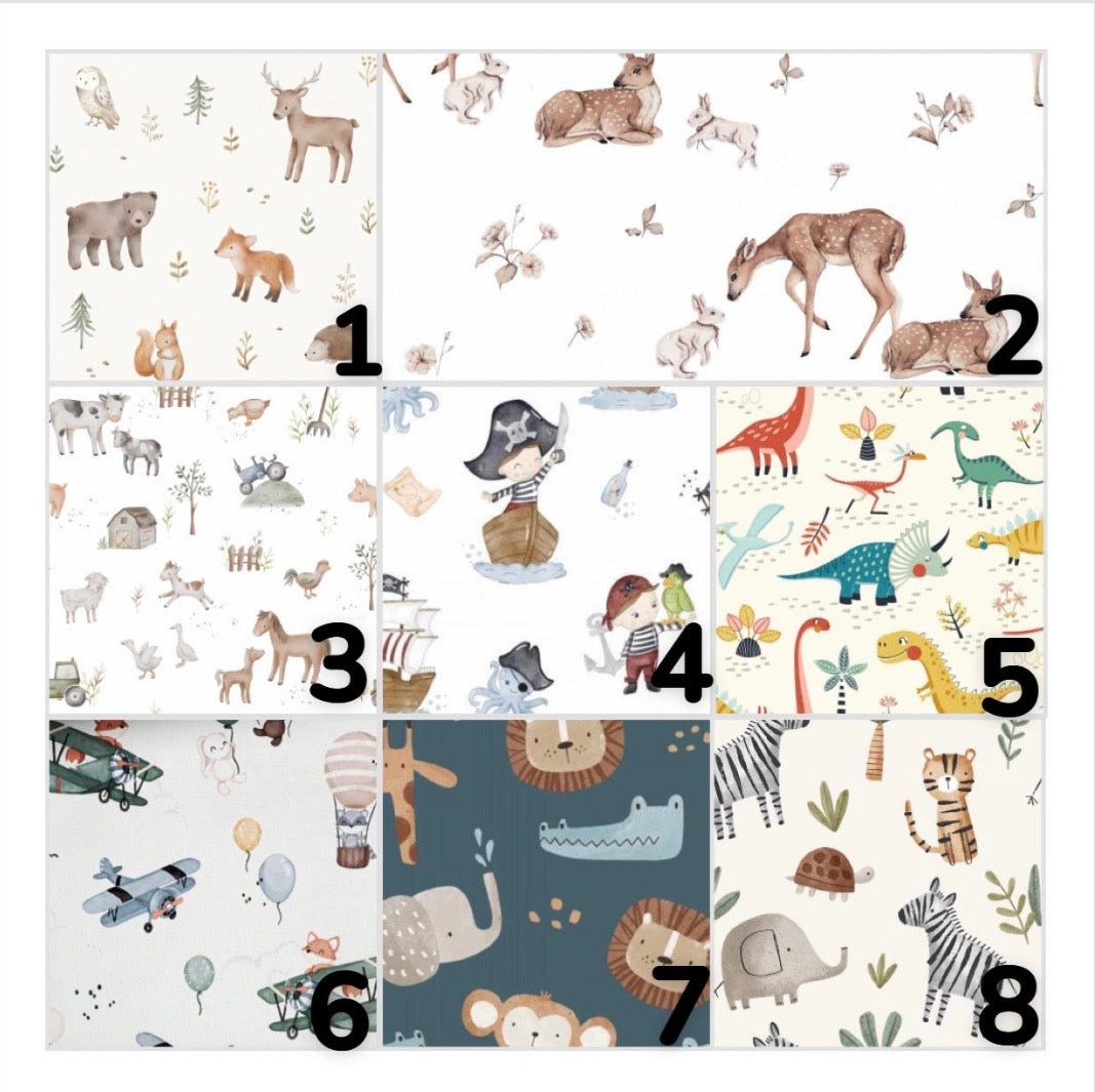 Rabat motif animaux forêt savane pour sac maternelle personnalisé prénom 