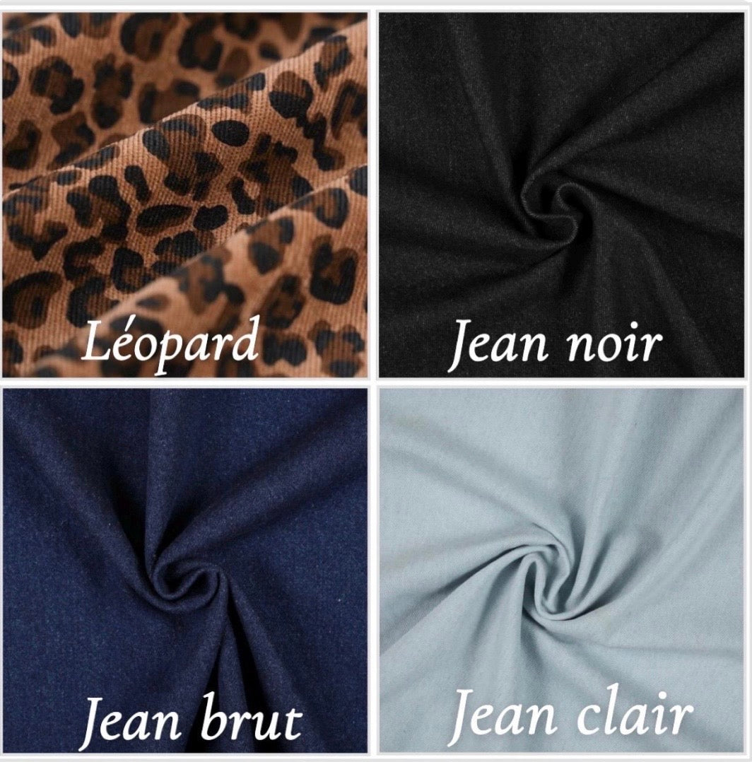 Tissu jean et léopard 
Tissuthèque étuis lunettes personnalisé broderie prénom 
