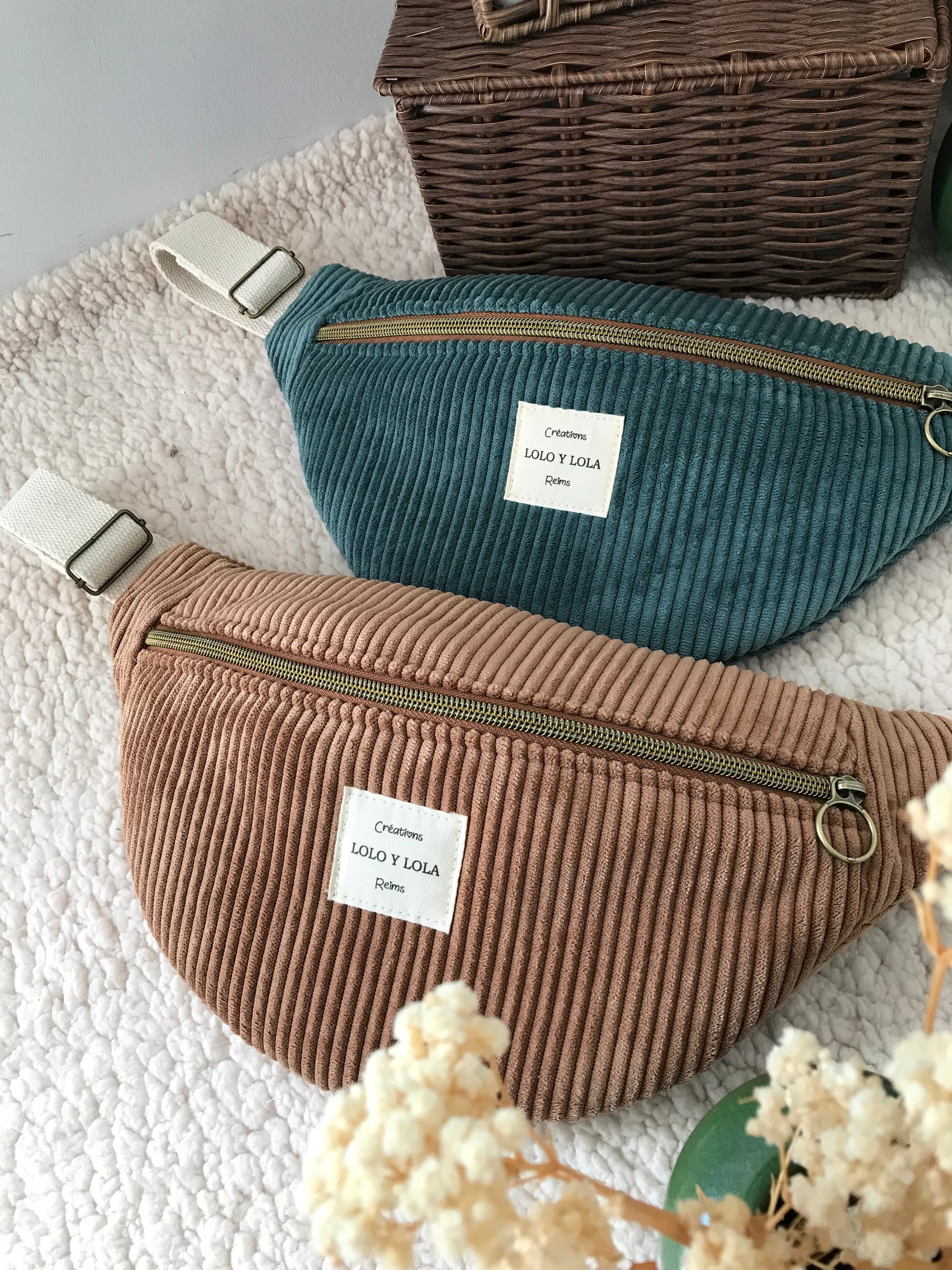 Sac banane velours côtelé personnalisé marron cappuccino vert sapin