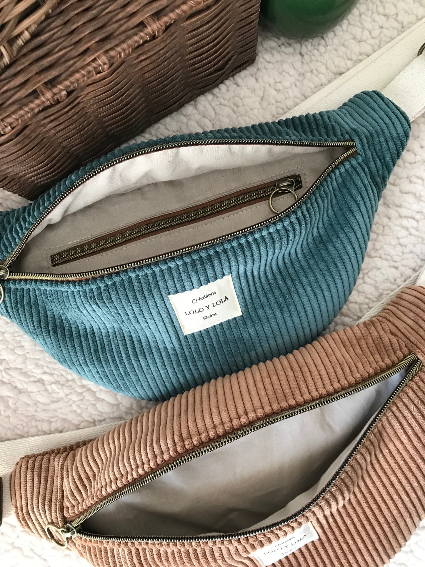 Sac banane velours côtelé personnalisé vert sapin marron chocolat 