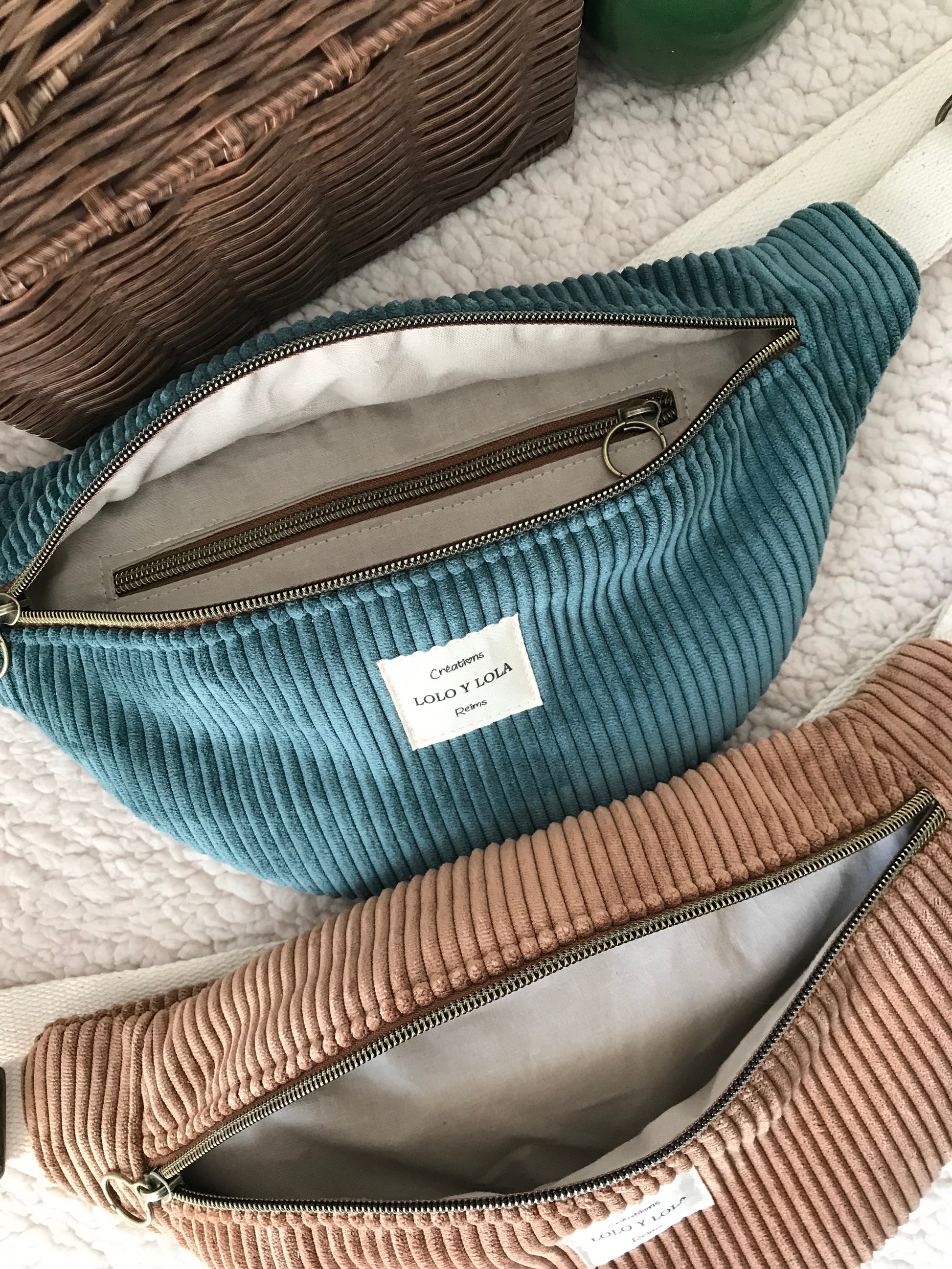 Sac banane velours côtelé personnalisé vert sapin marron chocolat 